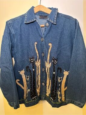 Vtg New Direction Embroidered Cat Denim Shirt S
